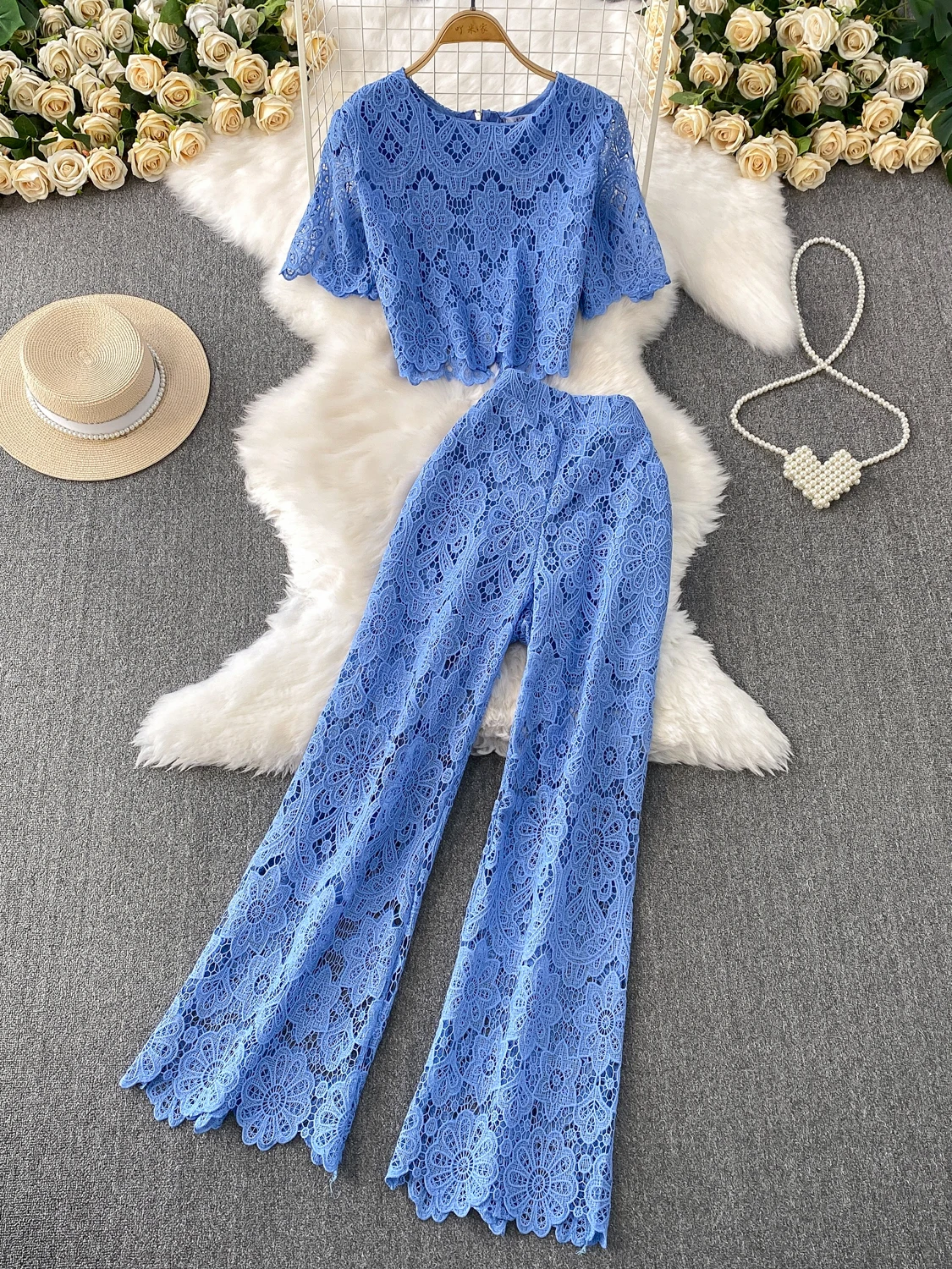 Summer 2025 Yellow Heavy Embroidery Lace round Ne ort Sve T-irt High Waist Slim Wide Leg Bell Bot Pants Two Piece...
Summer 2025 Yellow Heavy Embroidery Lace round Ne ort Sve T-irt High Waist Slim Wide Leg Bell Bot Pants Two Piece...