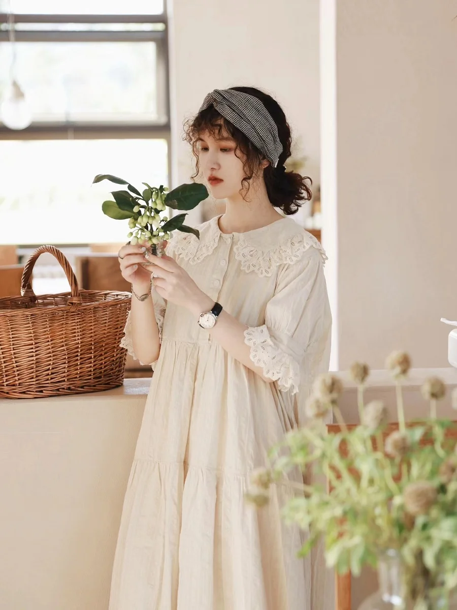 Cute Doll Collar Ruffle Hem Sweet Japanese Style Women's Dress Summer A-Line Long Skirt Cotton 100% High Waist Short Sleeve
Cute Doll Collar Ruffle Hem Sweet Japanese Style Women's Dress Summer A-Line Long Skirt Cotton 100% High Waist Short Sleeve