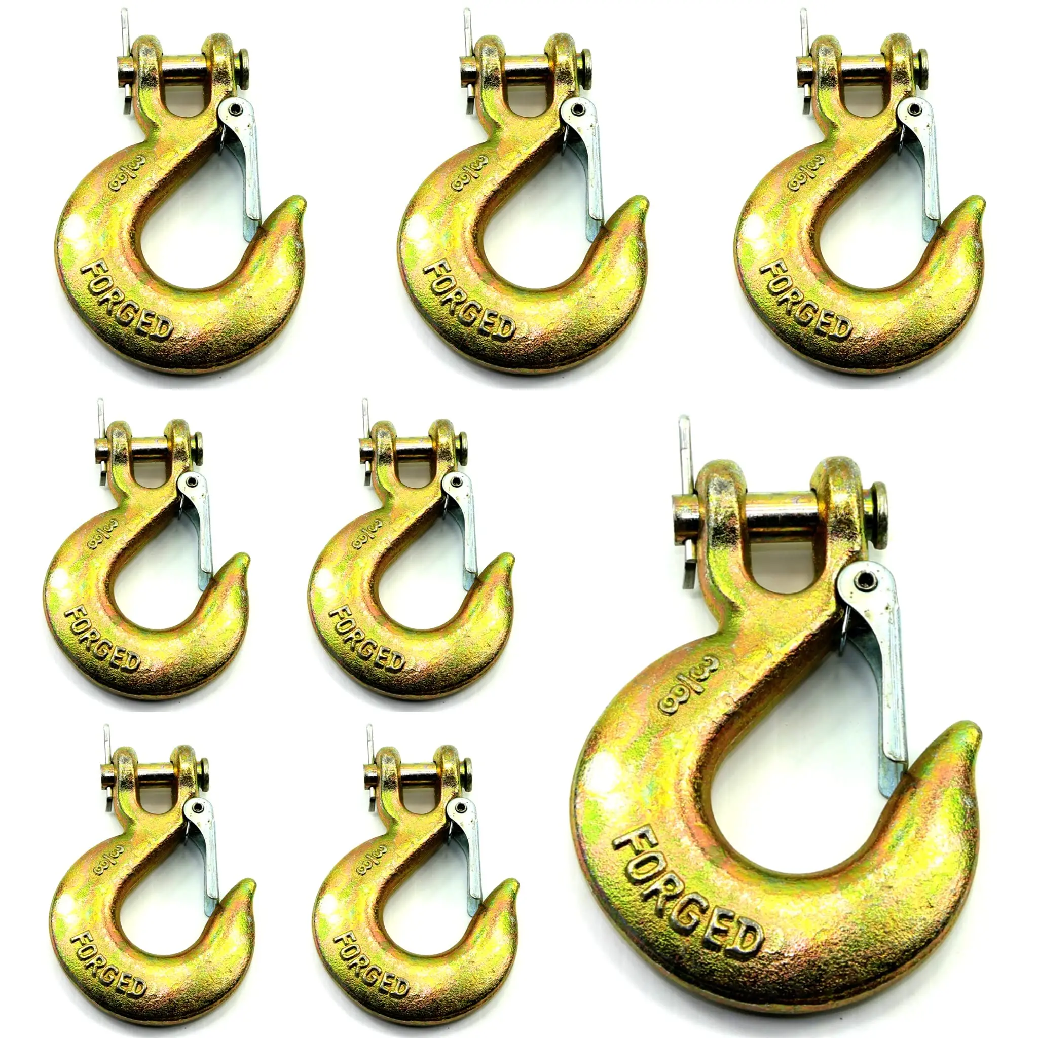 8pcs 3/8 Inch Forged Grade 70 Safety Hook With Lever Latch 5400lb WLL Zinc Plated
8pcs 3/8 Inch Forged Grade 70 Safety Hook With Lever Latch 5400lb WLL Zinc Plated
