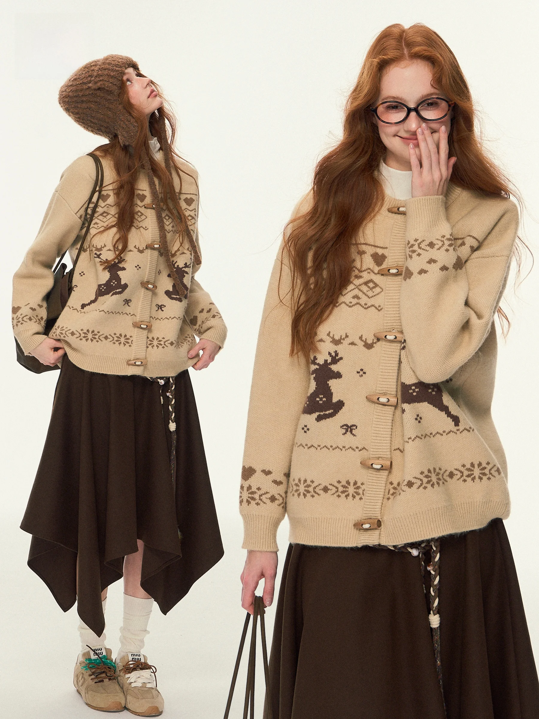 Retro Khaki Deer Pattern Knitted Open Cardigan Loose Lazy Sle Autumn Winter Women's Sweater Jaet Warmth Comfortable Faion
Retro Khaki Deer Pattern Knitted Open Cardigan Loose Lazy Sle Autumn Winter Women's Sweater Jaet Warmth Comfortable Faion