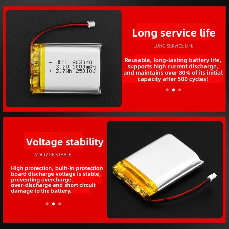 803040 3.7V 1000mAh Polymer Lithium Rechargeable Battery for DIY Power Bank Bluetooth Speaker Solar Light LED Lamp Toys Game
803040 3.7V 1000mAh Polymer Lithium Rechargeable Battery for DIY Power Bank Bluetooth Speaker Solar Light LED Lamp Toys Game
