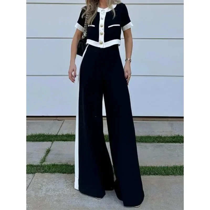 Customized Fashion Two Piece Set Women Round Neck Short Sleeve Patchwork Singe Breasted Button Top Loose Wide Legs Pants Sets Ne
Customized Fashion Two Piece Set Women Round Neck Short Sleeve Patchwork Singe Breasted Button Top Loose Wide Legs Pants Sets Ne