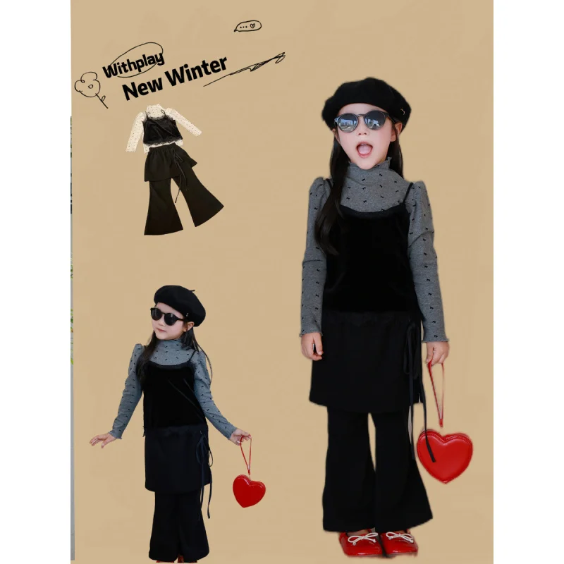 Korean Children's Clothing Autumn Season Girls' Set Strap Lace Trim Slim Fit High Waist Flared Pants Three-Piece Set
Korean Children's Clothing Autumn Season Girls' Set Strap Lace Trim Slim Fit High Waist Flared Pants Three-Piece Set