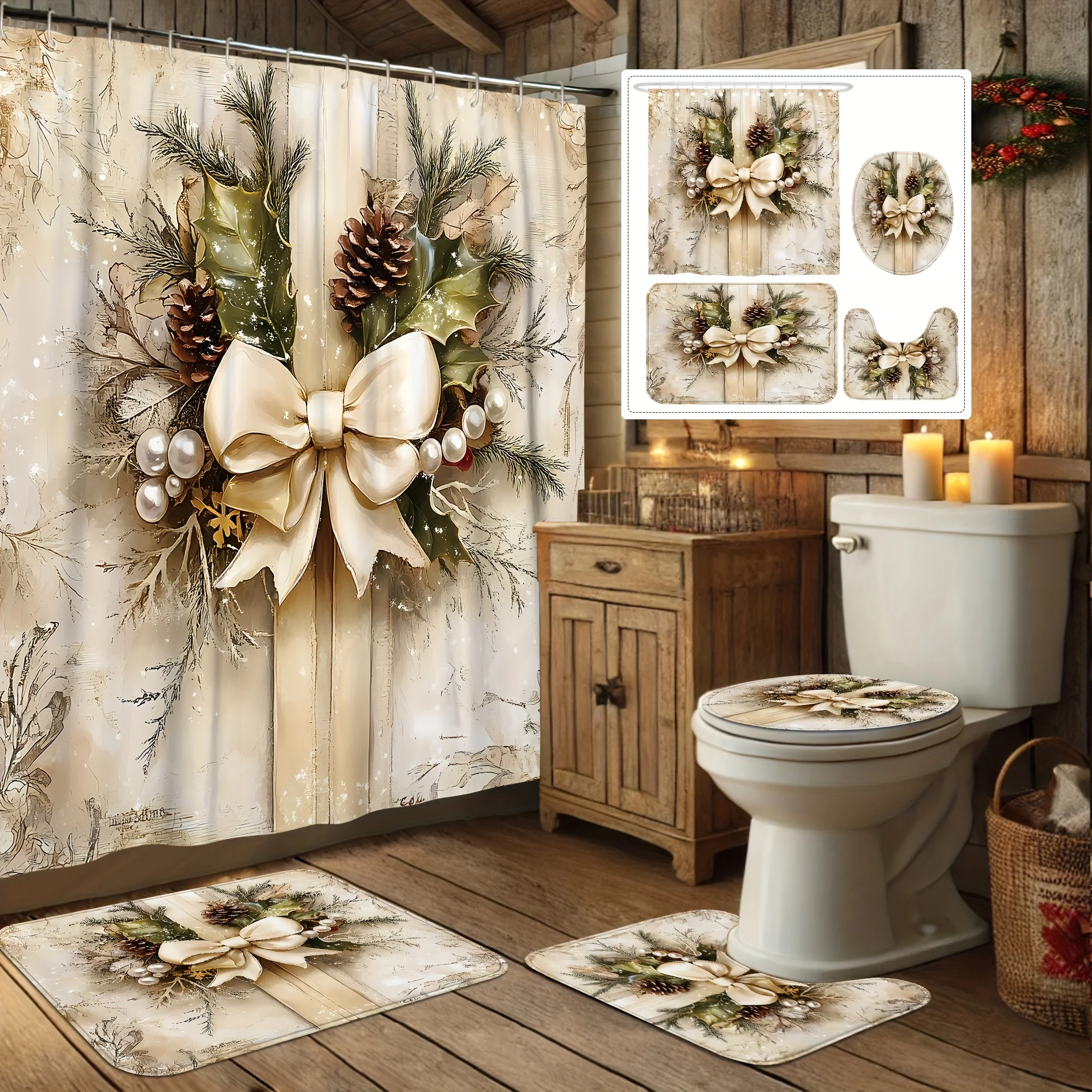 Рождественский душевой набор из 4 предметов, дизайн сосновой шишки с золотым бантом, нескользящий коврик, U-образный чехол для унитаза, праздничный домашний декор для ванны, рождественский подарок
Рождественский душевой набор из 4 предметов, дизайн сосновой шишки с золотым бантом, нескользящий коврик, U-образный чехол для унитаза, праздничный домашний декор для ванны, рождественский подарок