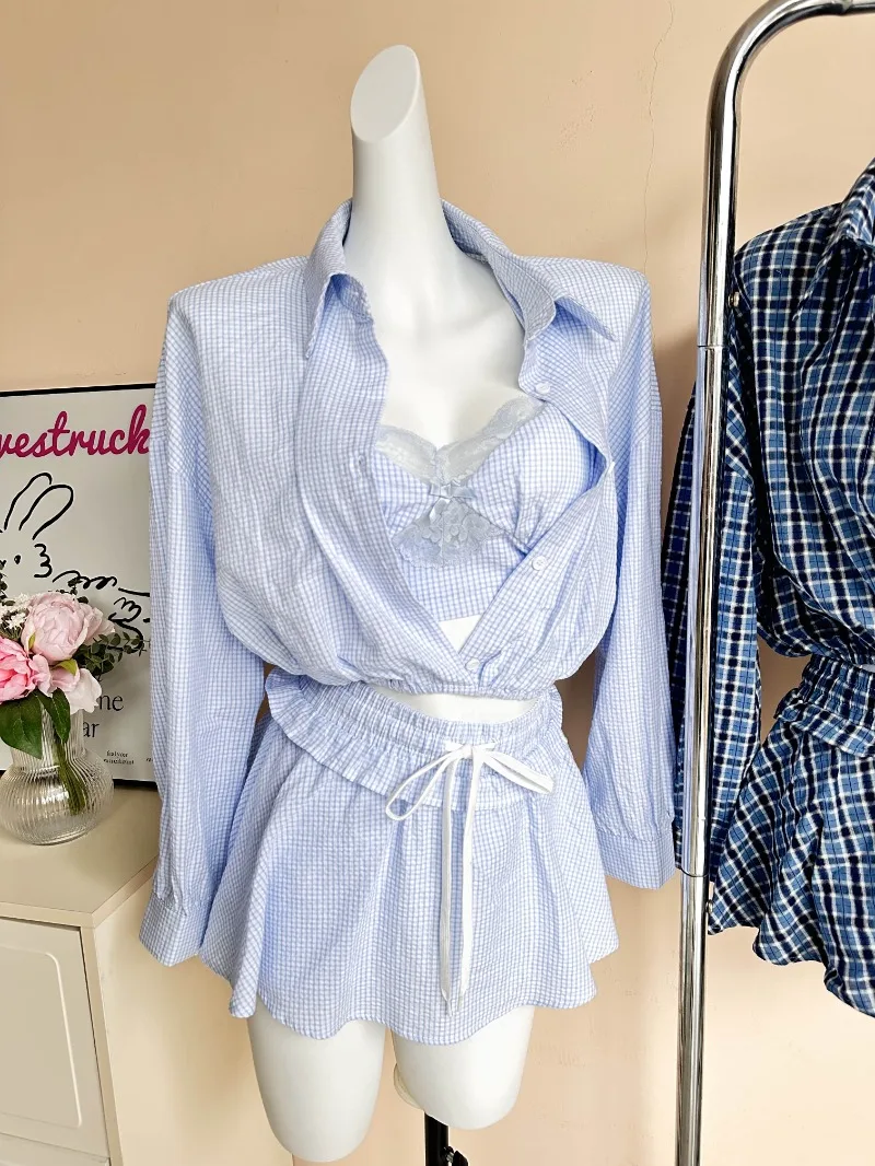 Sweet Girl Suit Women's Spring Plaid Shirt Coat Lace Camisole Top A-line Culottes Three-piece Set Fashion Female Clothes
Sweet Girl Suit Women's Spring Plaid Shirt Coat Lace Camisole Top A-line Culottes Three-piece Set Fashion Female Clothes