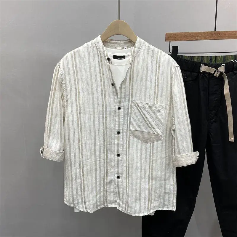 Spring Summer Men's Striped Shirt French Casual Fashion Simple Loose Male Commuting Seven Quarter Sleeve Stand Collar Shirts
Spring Summer Men's Striped Shirt French Casual Fashion Simple Loose Male Commuting Seven Quarter Sleeve Stand Collar Shirts