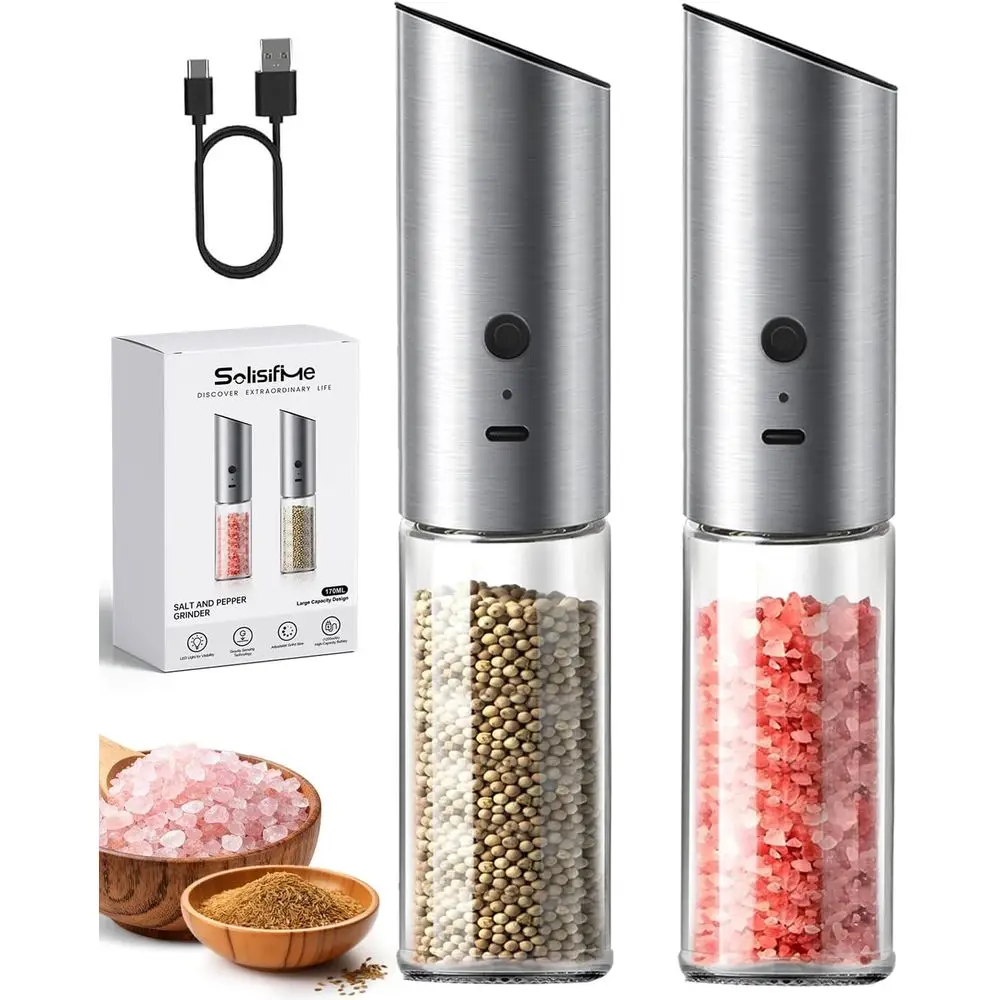 Gravity Electric Salt and Pepper Grinder Set, USB Rechargeable StainlSteel Mills with Large acity Tall Glass, LED Light, Adjusta
Gravity Electric Salt and Pepper Grinder Set, USB Rechargeable StainlSteel Mills with Large acity Tall Glass, LED Light, Adjusta