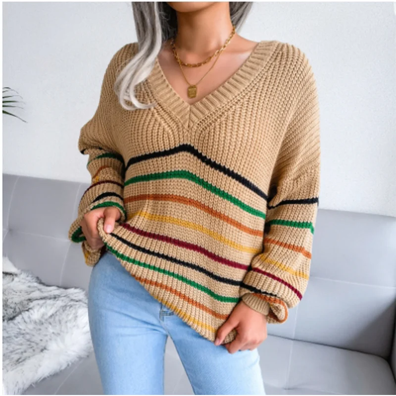 Loose Casual V-neck Pullover Women's Sweater Rainbow Striped Daily Versatile Street Fashion Autumn Top
Loose Casual V-neck Pullover Women's Sweater Rainbow Striped Daily Versatile Street Fashion Autumn Top