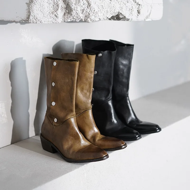 Italian Washed Genuine Leather Western Cowboy Boots Women Mid-Calf Vintage Pointed Toe Work Shoes Female Fashion High Boots
Italian Washed Genuine Leather Western Cowboy Boots Women Mid-Calf Vintage Pointed Toe Work Shoes Female Fashion High Boots