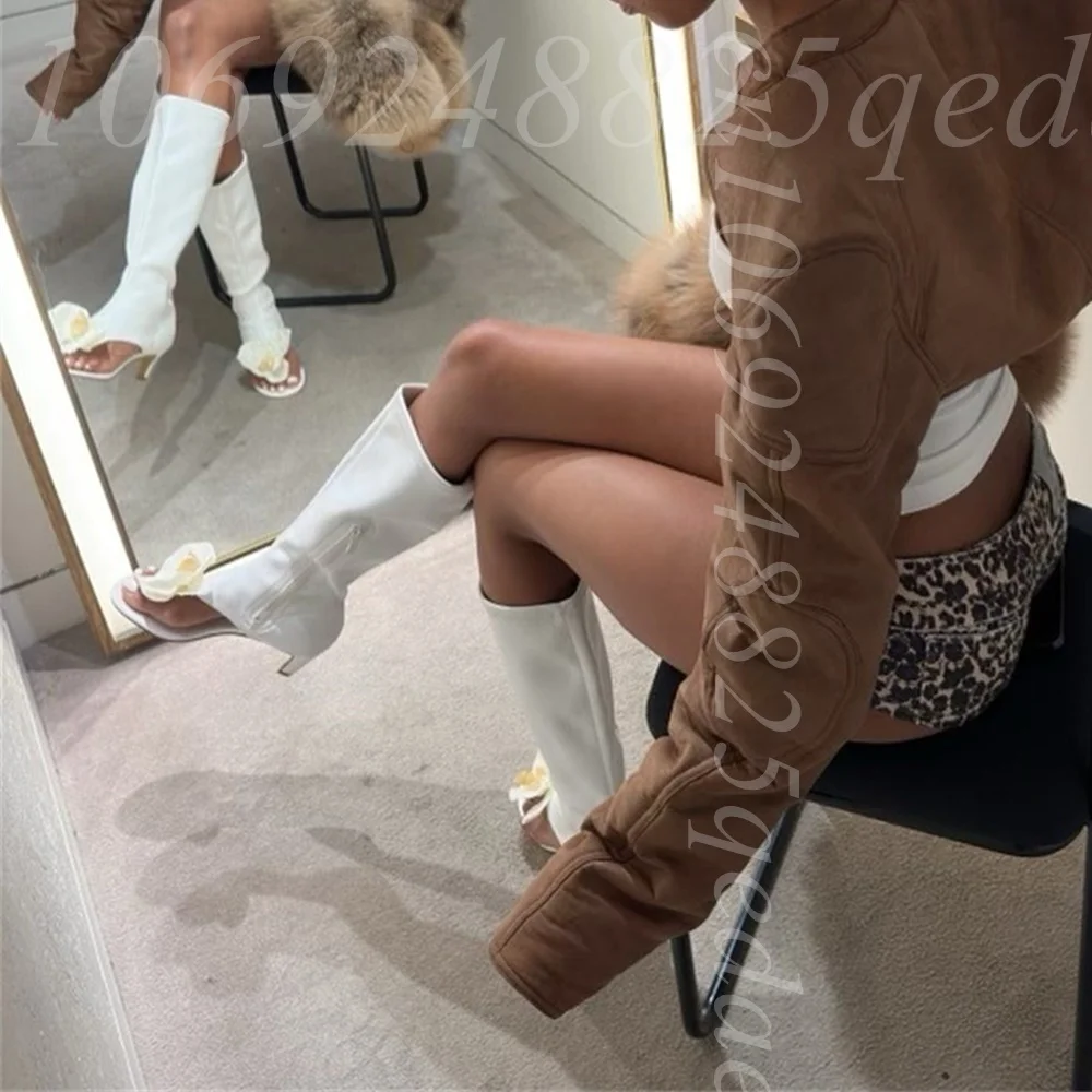 Women's White Knee High Open Toe Thong Boots, Faux Orchid Flower Decor, Mid Heel Side Zipper Shoes Square Toe with Cutout Design
Women's White Knee High Open Toe Thong Boots, Faux Orchid Flower Decor, Mid Heel Side Zipper Shoes Square Toe with Cutout Design