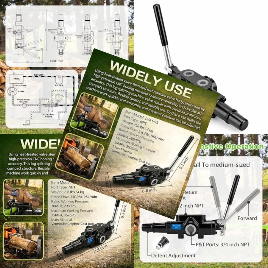 Log splitter hydraulic directional control valve for small tractors and loaders: 1 spool 25GPM 3626PSI steel body black finish
Log splitter hydraulic directional control valve for small tractors and loaders: 1 spool 25GPM 3626PSI steel body black finish