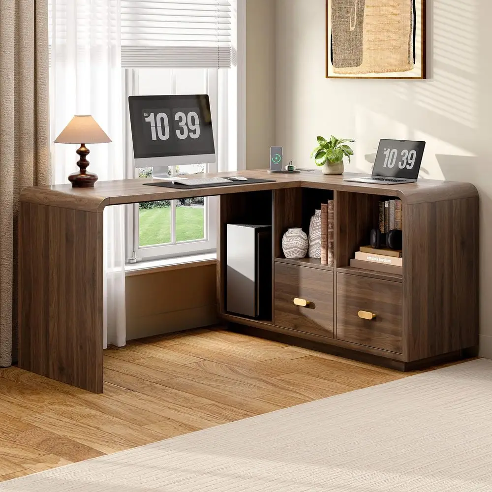 58 Executive L Shaped Desk with Power Outlets and USB, Home Office Computer Desk with File Drawer and Storage Shelves, Walnut
58 Executive L Shaped Desk with Power Outlets and USB, Home Office Computer Desk with File Drawer and Storage Shelves, Walnut