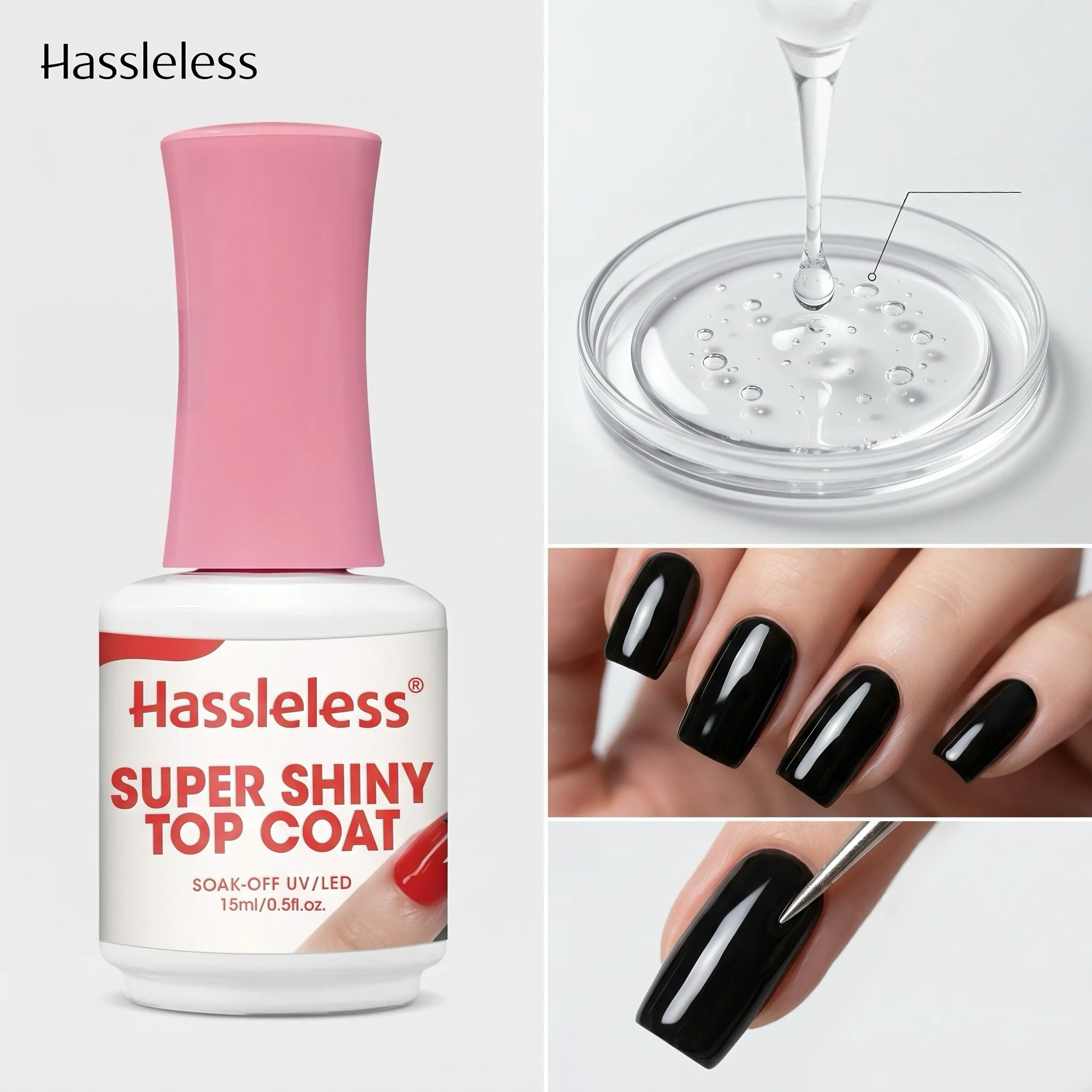 Hassleless LED Curing Gel Nail Polish - 15ml per bottle - Removable super-gloss top coat, suitable for LED nail art, no-wipe gel
Hassleless LED Curing Gel Nail Polish - 15ml per bottle - Removable super-gloss top coat, suitable for LED nail art, no-wipe gel
