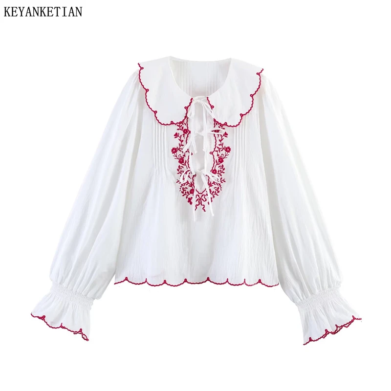 KEYANKETIAN 2026 New Boho Cotton Blouse Women Floral Embroidery Peter Pan Collar Bow Tie Front Long Sleeve Vacation Top Shirt
KEYANKETIAN 2026 New Boho Cotton Blouse Women Floral Embroidery Peter Pan Collar Bow Tie Front Long Sleeve Vacation Top Shirt