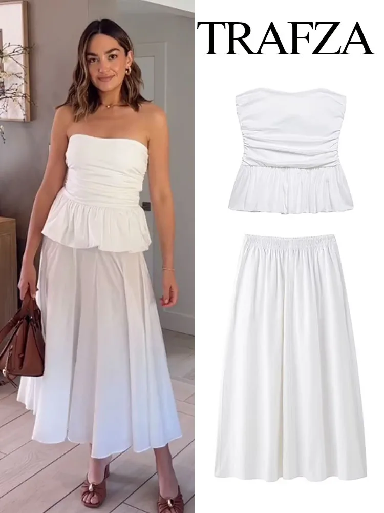 TRAFZA Women Skirt Suit Elegant White Off-shoulder Ruched Sexy Strapless Top+Casual Side Pocket Elastic Waist White Long Skirt
TRAFZA Women Skirt Suit Elegant White Off-shoulder Ruched Sexy Strapless Top+Casual Side Pocket Elastic Waist White Long Skirt