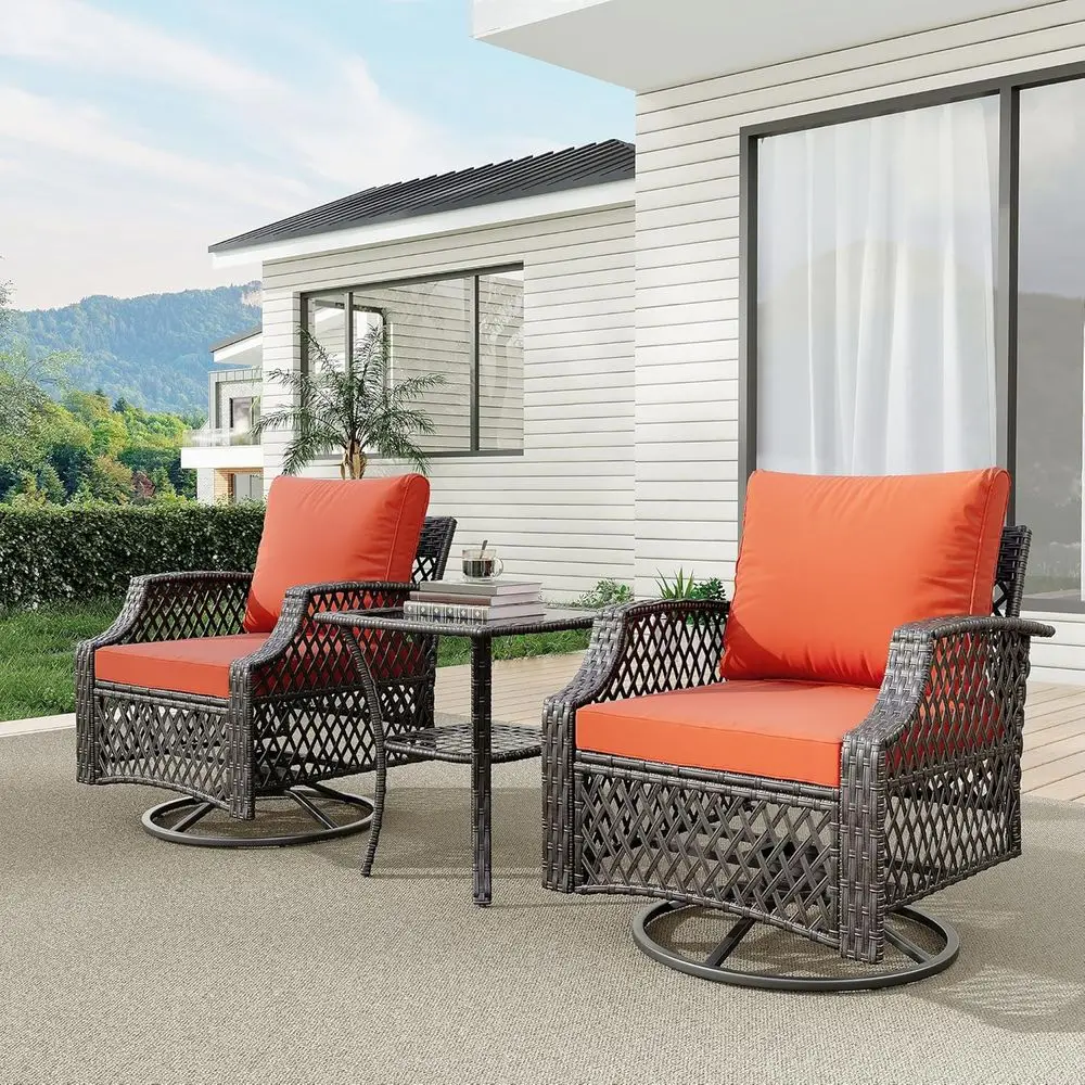 3-Piece Outdoor Swivel Chair Set with Cushions, Wicker Patio Bistro Furniture, Glass Table, Ideal for Yard, Lawn, Poolside (Oran
3-Piece Outdoor Swivel Chair Set with Cushions, Wicker Patio Bistro Furniture, Glass Table, Ideal for Yard, Lawn, Poolside (Oran