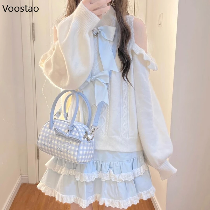 Autumn Sweet Lolita Style Sweater Sets Women Kawaii Off Shoulder Bow Knitted Pullover Mini Cake Skirt Suit Female Cute Outfits
Autumn Sweet Lolita Style Sweater Sets Women Kawaii Off Shoulder Bow Knitted Pullover Mini Cake Skirt Suit Female Cute Outfits