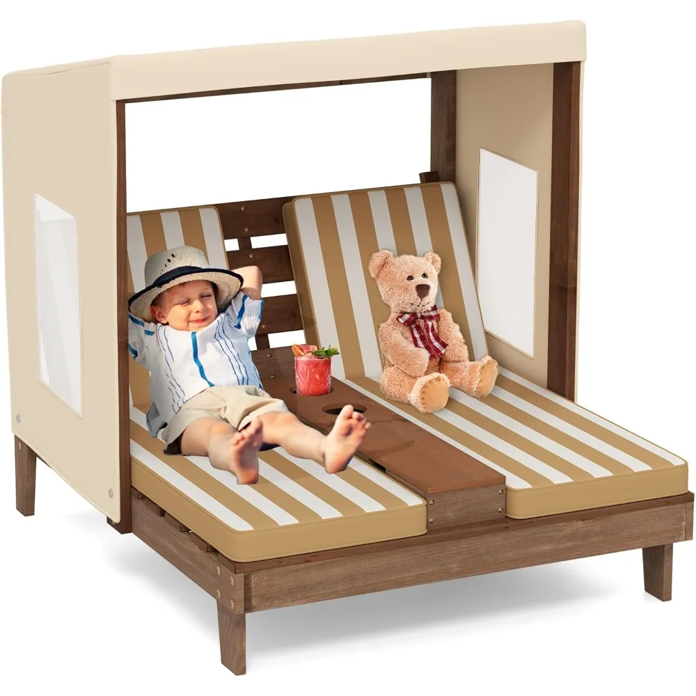 Kids Lounge Chair Outdoor, Wood Double Seat Chaise Lounge with Canopy, Cup Holders, Cushion, Backrest Recliner, Kids Patio.
Kids Lounge Chair Outdoor, Wood Double Seat Chaise Lounge with Canopy, Cup Holders, Cushion, Backrest Recliner, Kids Patio.