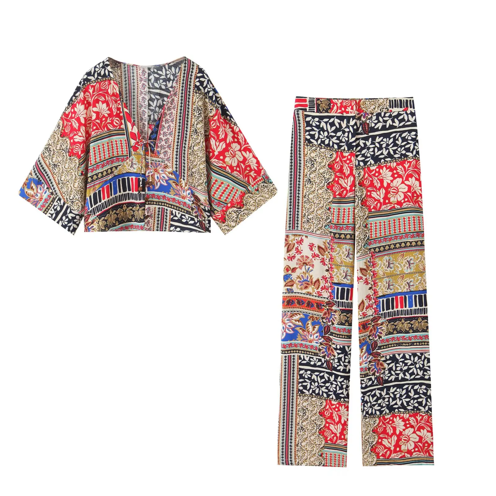 Women's New Fashion short patchwork print V-neck shirt retro short sleeved women's shirt chic top+Pants Women's suit
Women's New Fashion short patchwork print V-neck shirt retro short sleeved women's shirt chic top+Pants Women's suit