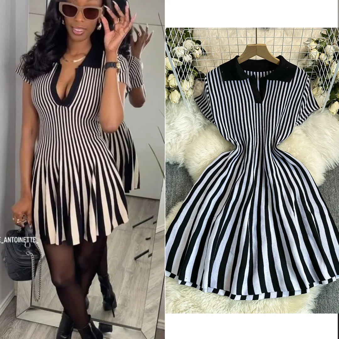 Striped Knitted Mini Dress 2025 Vintage Women Polo-neck Short Sleeve High Stretch Fit A-line Casual Dresses Streetwear Vestidos
Striped Knitted Mini Dress 2025 Vintage Women Polo-neck Short Sleeve High Stretch Fit A-line Casual Dresses Streetwear Vestidos