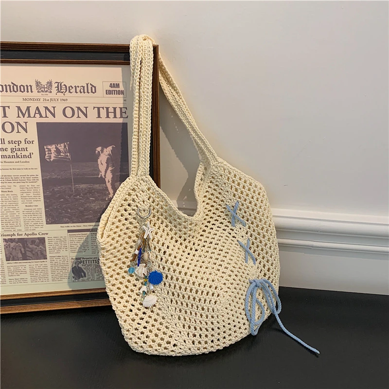 Summer Beach Crochet Tote Bag Women's Casual Solid Color Handmade Woven Shoulder Bag with Drawstring & Flower Accent
Summer Beach Crochet Tote Bag Women's Casual Solid Color Handmade Woven Shoulder Bag with Drawstring & Flower Accent