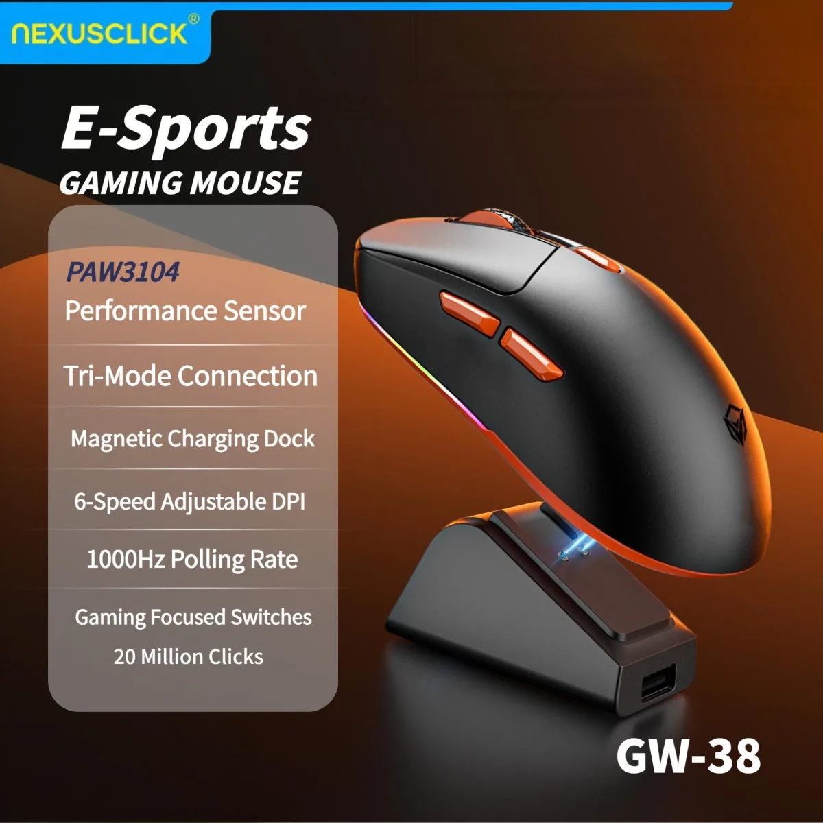 NexusClick GW38 series Wireless Mouse,Light Weight Paw3104 RGB Backlight 1khz Smart Speed Low Delay Fps Games Esports Mouse Gift
NexusClick GW38 series Wireless Mouse,Light Weight Paw3104 RGB Backlight 1khz Smart Speed Low Delay Fps Games Esports Mouse Gift