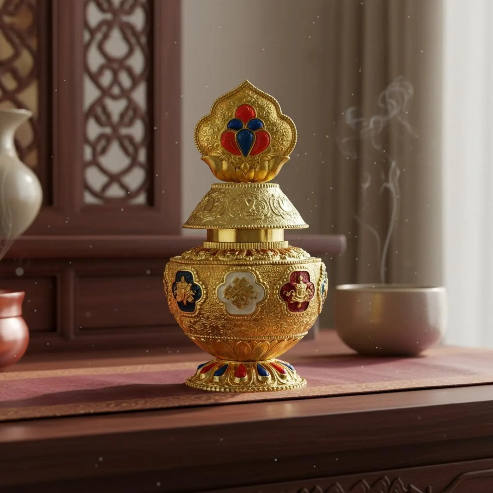 Tibetan Treasure Vase Multi-Color Enamel Buddhist Bumpa Vase Ornate Alloy Urn Artisanal Design Offering Vessel for Collectors
Tibetan Treasure Vase Multi-Color Enamel Buddhist Bumpa Vase Ornate Alloy Urn Artisanal Design Offering Vessel for Collectors
