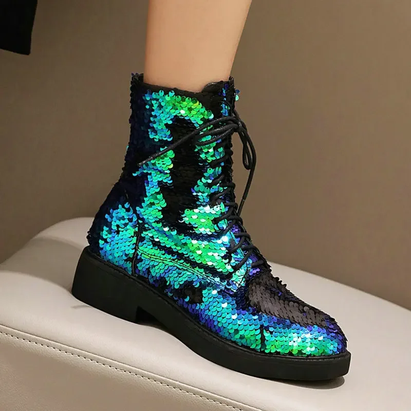 Sequins Bling Bling Shiny Lace-up Winter Female Gothic Shoes Party Wedding Flats Golden Green Western Warm Ankle Chelsea Boots
Sequins Bling Bling Shiny Lace-up Winter Female Gothic Shoes Party Wedding Flats Golden Green Western Warm Ankle Chelsea Boots