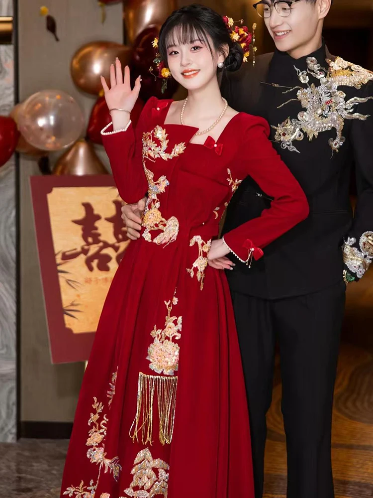 Red Velvet Long Sve Wedding Dr Vintage Sle mid Waist Zipper Ba Evening Gown for Bridal Tea Ceremony And Wedding Par
Red Velvet Long Sve Wedding Dr Vintage Sle mid Waist Zipper Ba Evening Gown for Bridal Tea Ceremony And Wedding Par