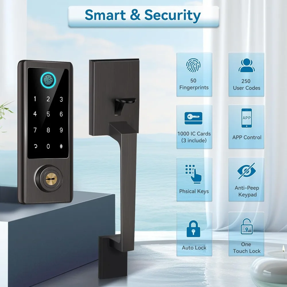 Fingerprint Door Lock with Handle Sets, Keyless Entry Door Lock, Bluetooth Front Door Lock Set, Smart Deadbolt
Fingerprint Door Lock with Handle Sets, Keyless Entry Door Lock, Bluetooth Front Door Lock Set, Smart Deadbolt