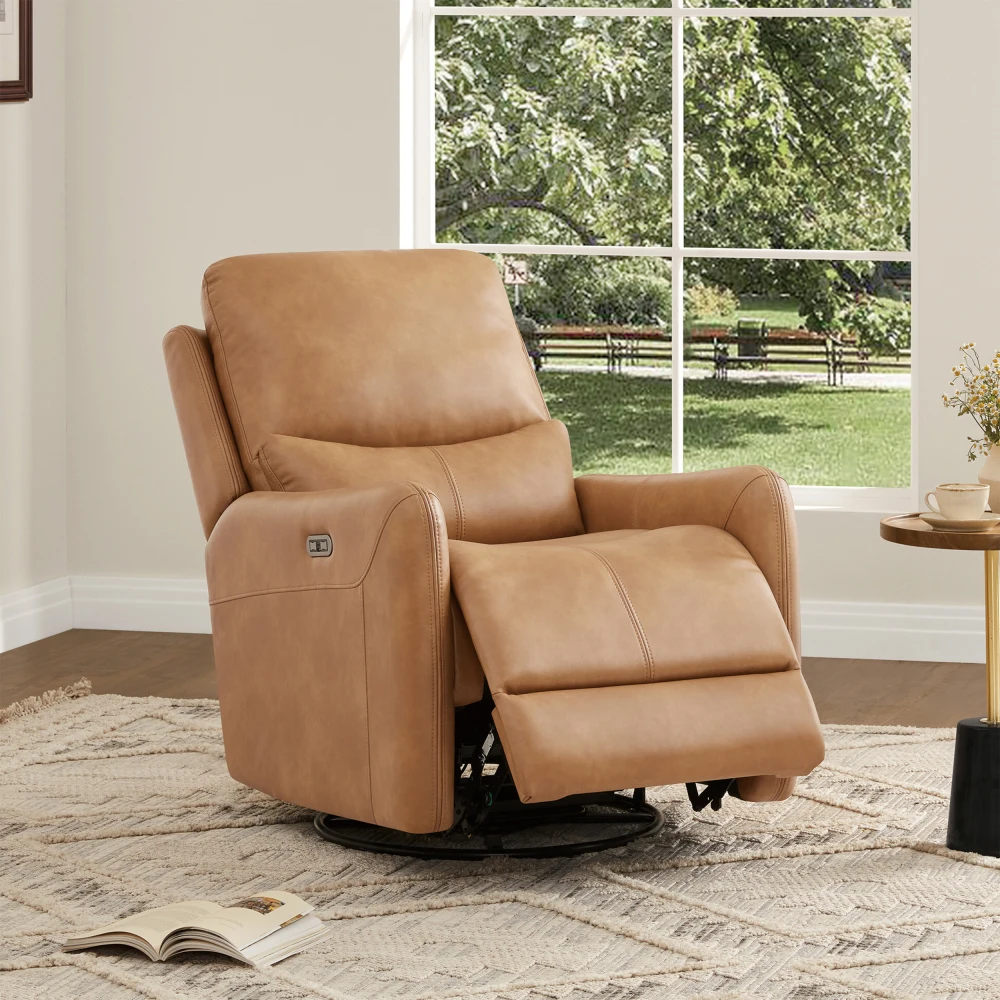 30" Swivel Power Recliner Arm Chair Saddle Brown Faux Leather, 360-degree swivel base for flexible orientation in any space
30" Swivel Power Recliner Arm Chair Saddle Brown Faux Leather, 360-degree swivel base for flexible orientation in any space