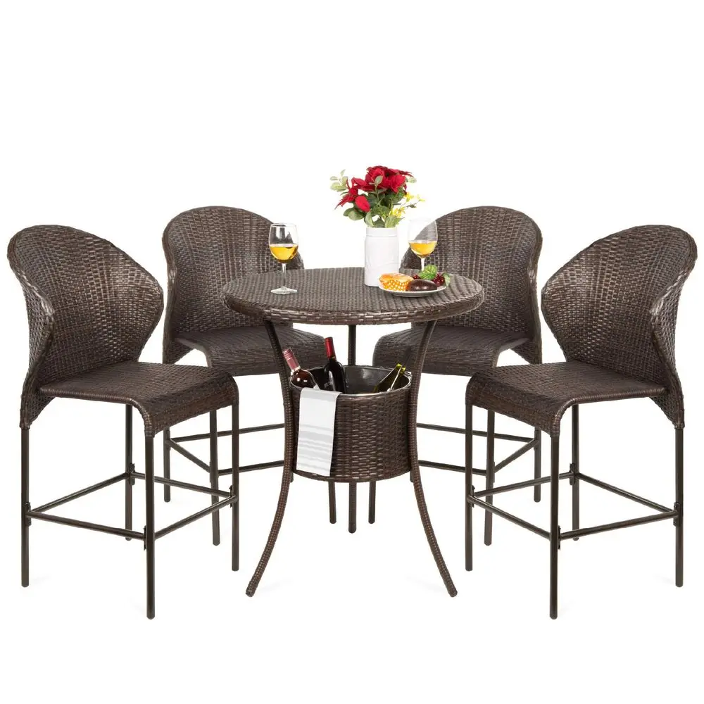 5Piece Outdoor Wicker Bar Table Bistro Set Dining Furniture for Patio, Backyard w Builtin Ice Bucket, 4 Chairs Brown
5Piece Outdoor Wicker Bar Table Bistro Set Dining Furniture for Patio, Backyard w Builtin Ice Bucket, 4 Chairs Brown