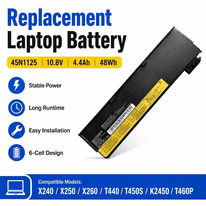 Replacement Laptop Battery 45N1125 for Lenovo ThinkPad X240 X250 X260 T440 T450s T460p K2450 10.8V/11.1V Li-ion Battery
Replacement Laptop Battery 45N1125 for Lenovo ThinkPad X240 X250 X260 T440 T450s T460p K2450 10.8V/11.1V Li-ion Battery