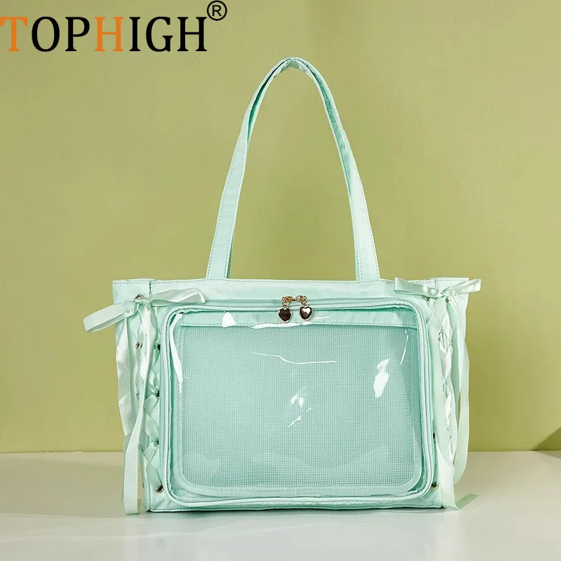 TOPHIGH Newly Large Capacity Satin Ribbon Tote Bag Sweet Girl'sTransparent School Bag Fashion Shoulder Bags Clear PVC Handbags
TOPHIGH Newly Large Capacity Satin Ribbon Tote Bag Sweet Girl'sTransparent School Bag Fashion Shoulder Bags Clear PVC Handbags