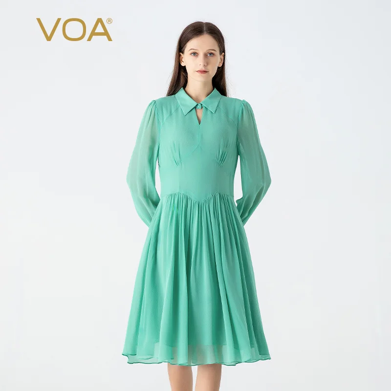 VOA 100% Pure Mulberry Silk Georgette Navy Lapel Flare Sleeve Dresses Women Office Ladies Elegant Double Layer Silk Dress AE1902
VOA 100% Pure Mulberry Silk Georgette Navy Lapel Flare Sleeve Dresses Women Office Ladies Elegant Double Layer Silk Dress AE1902