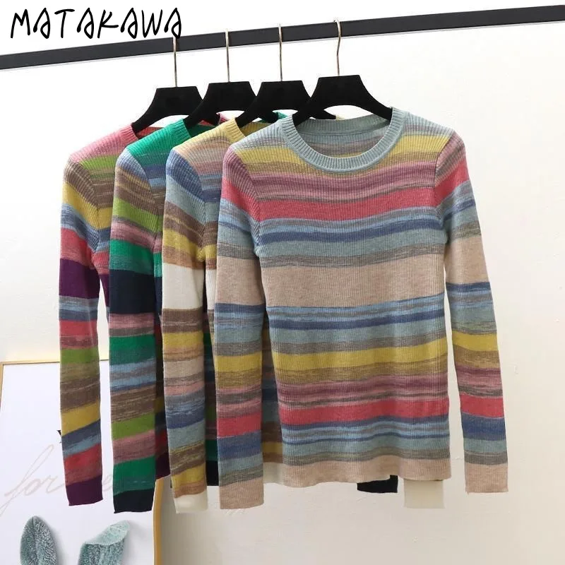 Matakawa Rainbow Stripes Women Sweaters Contrast Color Autumn Winter Short Pullovers Fashion Basics Simple Casual Pull Femme
Matakawa Rainbow Stripes Women Sweaters Contrast Color Autumn Winter Short Pullovers Fashion Basics Simple Casual Pull Femme