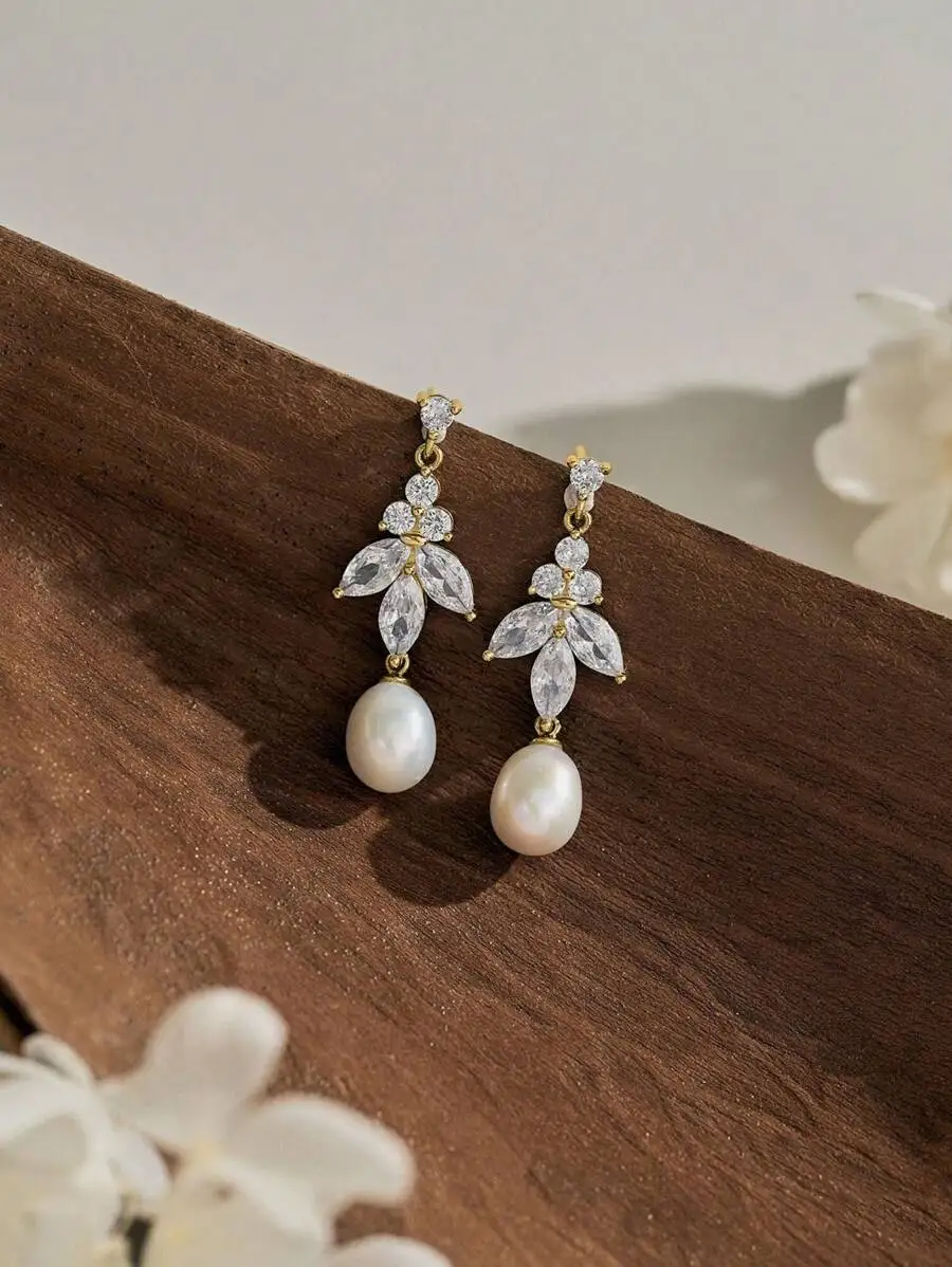 Elegant Pearl Drop Earrings With Cubic Zirconia Floral Design For Women
Elegant Pearl Drop Earrings With Cubic Zirconia Floral Design For Women