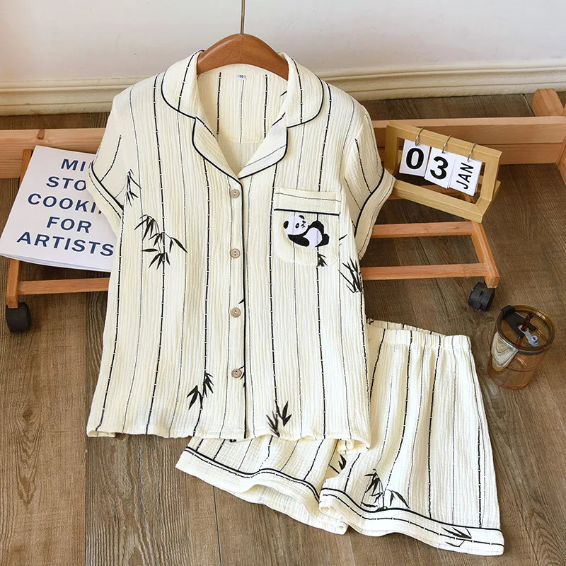2 Pieces Pajamas Summer Female Loungewear Suit Print Home Clothes 100% Cotton Gauze Shorts Sleepwear Loose Homewear
2 Pieces Pajamas Summer Female Loungewear Suit Print Home Clothes 100% Cotton Gauze Shorts Sleepwear Loose Homewear