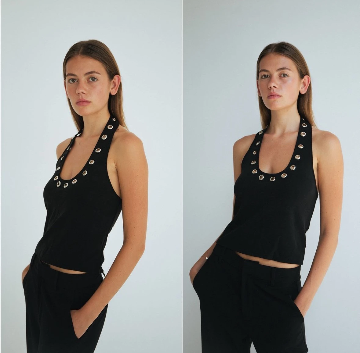 Summer Women's Solid Color Halter Vest Silver Metal Hole Decoration Slim Fit Short Top Low Waist Slim Shorts Hot Girl Suit
Summer Women's Solid Color Halter Vest Silver Metal Hole Decoration Slim Fit Short Top Low Waist Slim Shorts Hot Girl Suit