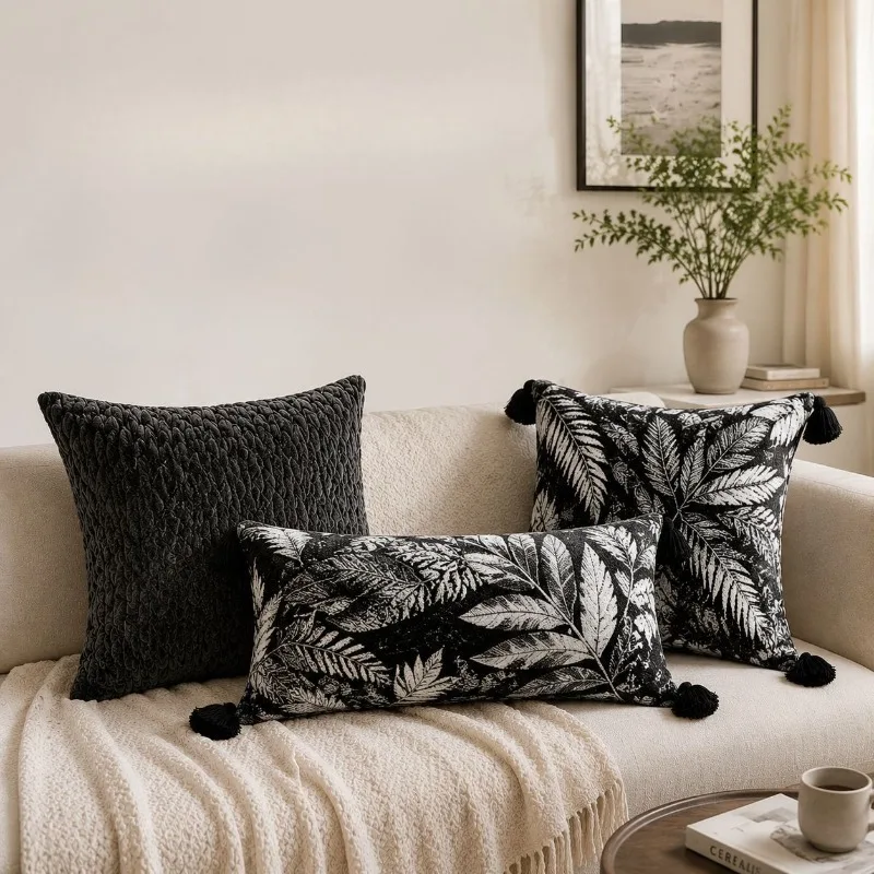 Luxury Black White Textured Throw Pillow Cover with Tassels Premium Woven Chenille Cushion Cover Leaf Jacquard Cushion Case
Luxury Black White Textured Throw Pillow Cover with Tassels Premium Woven Chenille Cushion Cover Leaf Jacquard Cushion Case