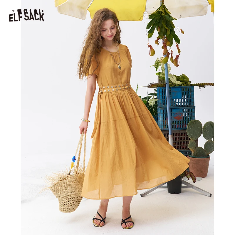 ELFSACK Round Neck Puff Sleeve Midi Dress, Self Tie Waist Split Hem Textured Dress, Casual Vacation Daily Outfit for Women
ELFSACK Round Neck Puff Sleeve Midi Dress, Self Tie Waist Split Hem Textured Dress, Casual Vacation Daily Outfit for Women