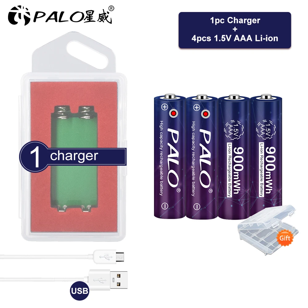 PALO 100% Original 900mWh 1.5v AAA polymer aaa lithium li-ion rechargeable batteries battery+1.5V lithium li-ion usb charger
PALO 100% Original 900mWh 1.5v AAA polymer aaa lithium li-ion rechargeable batteries battery+1.5V lithium li-ion usb charger