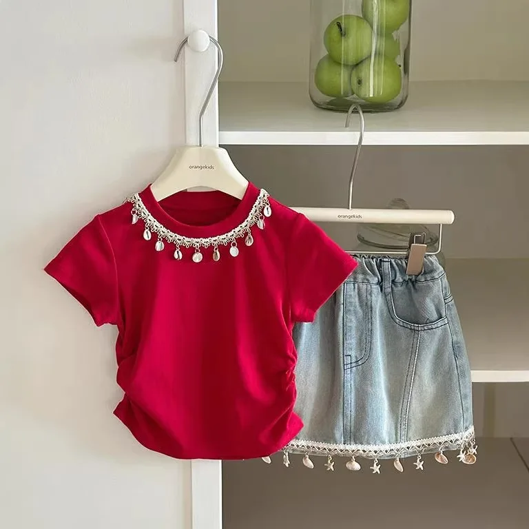 2026 New Summer Dress Suit Baby Girls' Seaside Vacation Style Red Short Sleeved T-shirt and Cowboy Skirt Kids Two Piece Set
2026 New Summer Dress Suit Baby Girls' Seaside Vacation Style Red Short Sleeved T-shirt and Cowboy Skirt Kids Two Piece Set