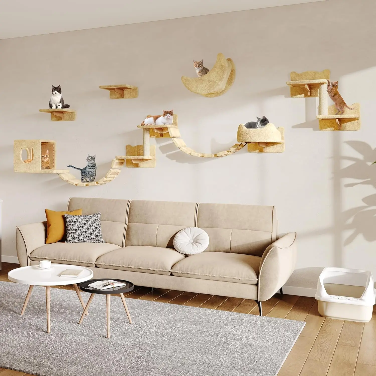 13-in-1 Cat Wall Shelves, Wall Mounted Cat Furniture Set with Plush, Hammock, Condo, Ladder, Beige
13-in-1 Cat Wall Shelves, Wall Mounted Cat Furniture Set with Plush, Hammock, Condo, Ladder, Beige