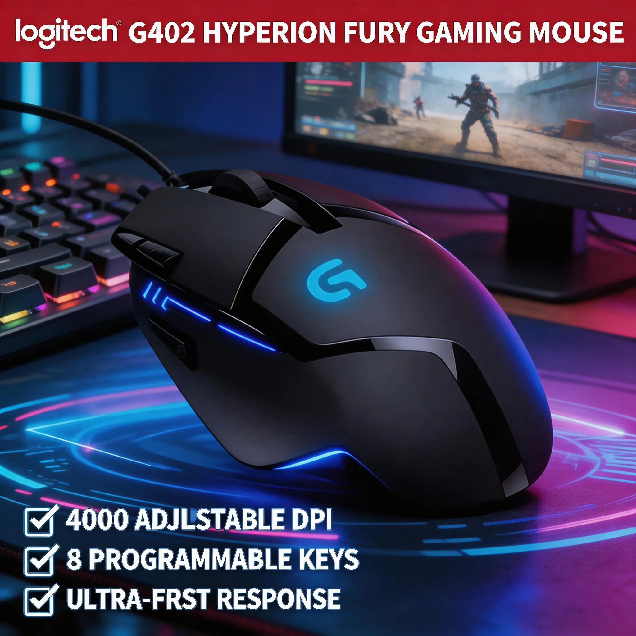 Logitech G402 Hyperion Fury Wired Mouse For Competitive Gamer PC 500 IPS Fusion Engine 4000 DPI 8 Buttons Computer Peripheral
Logitech G402 Hyperion Fury Wired Mouse For Competitive Gamer PC 500 IPS Fusion Engine 4000 DPI 8 Buttons Computer Peripheral