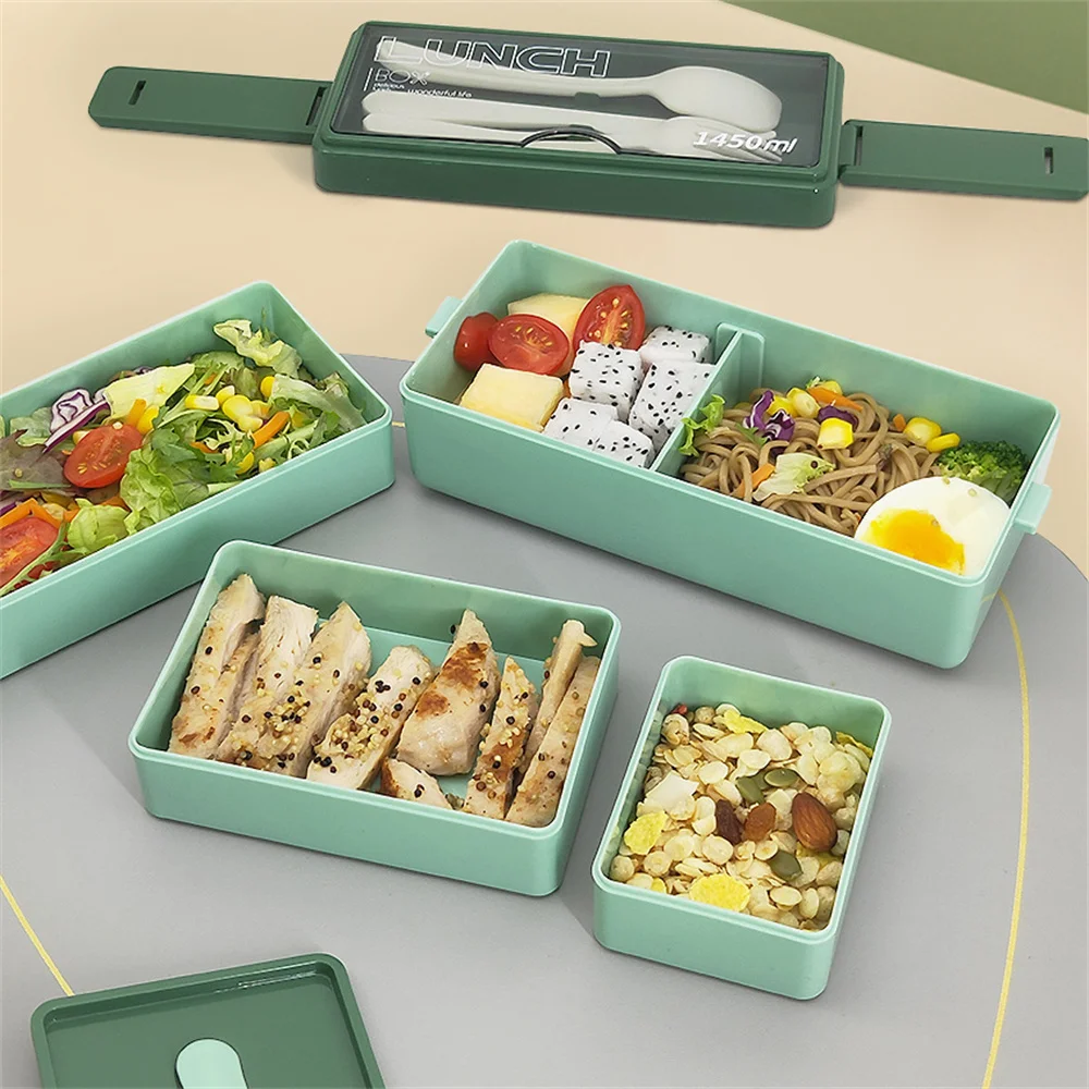 1450ML Portable Plastic Lunch Box With Tableware 3 layer Divided Bento Box Food Container For Office Students leak-proof Sealing
1450ML Portable Plastic Lunch Box With Tableware 3 layer Divided Bento Box Food Container For Office Students leak-proof Sealing