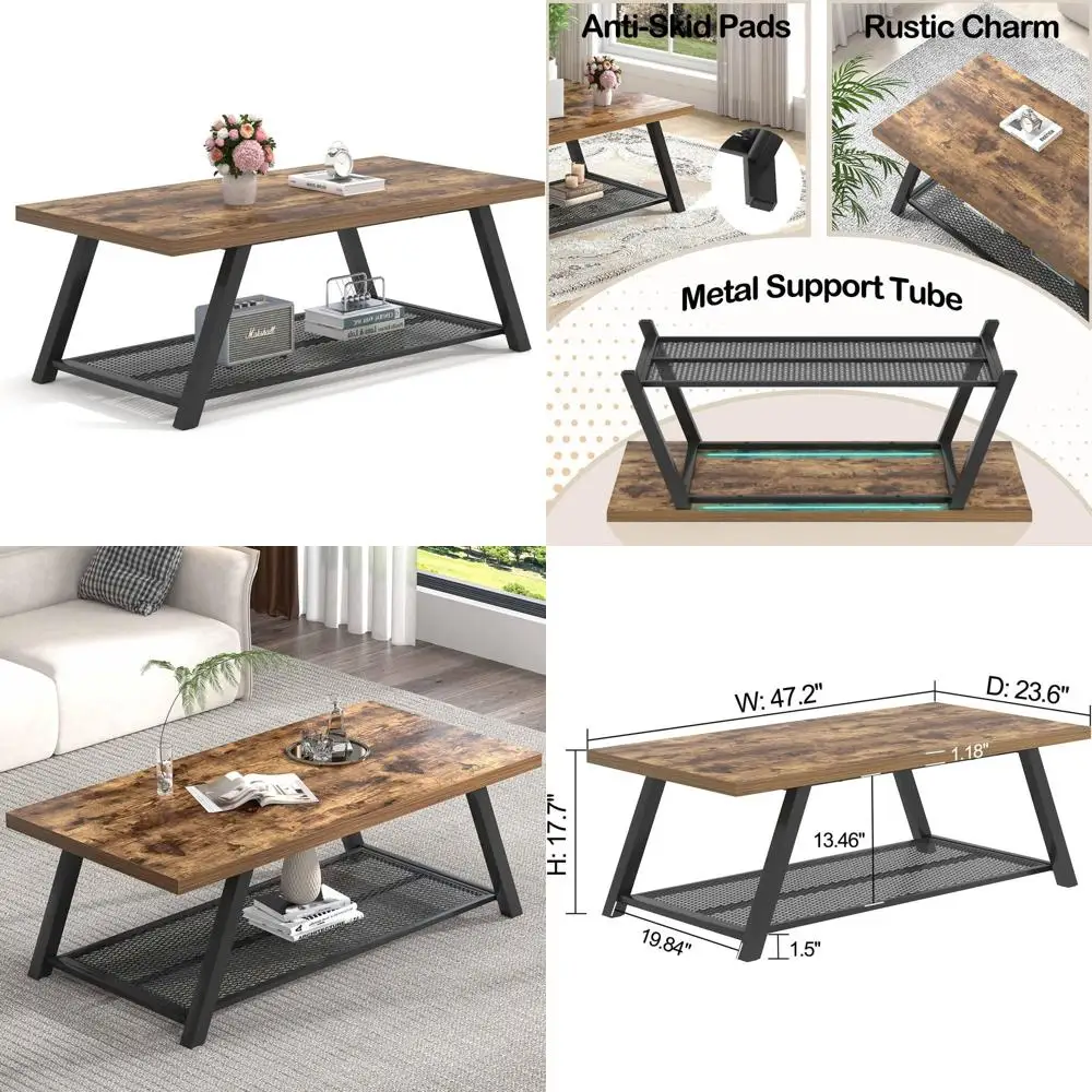 Rustic Brown Industrial-Style 47 Metal and Wood Coffee Table with Storage
Rustic Brown Industrial-Style 47 Metal and Wood Coffee Table with Storage