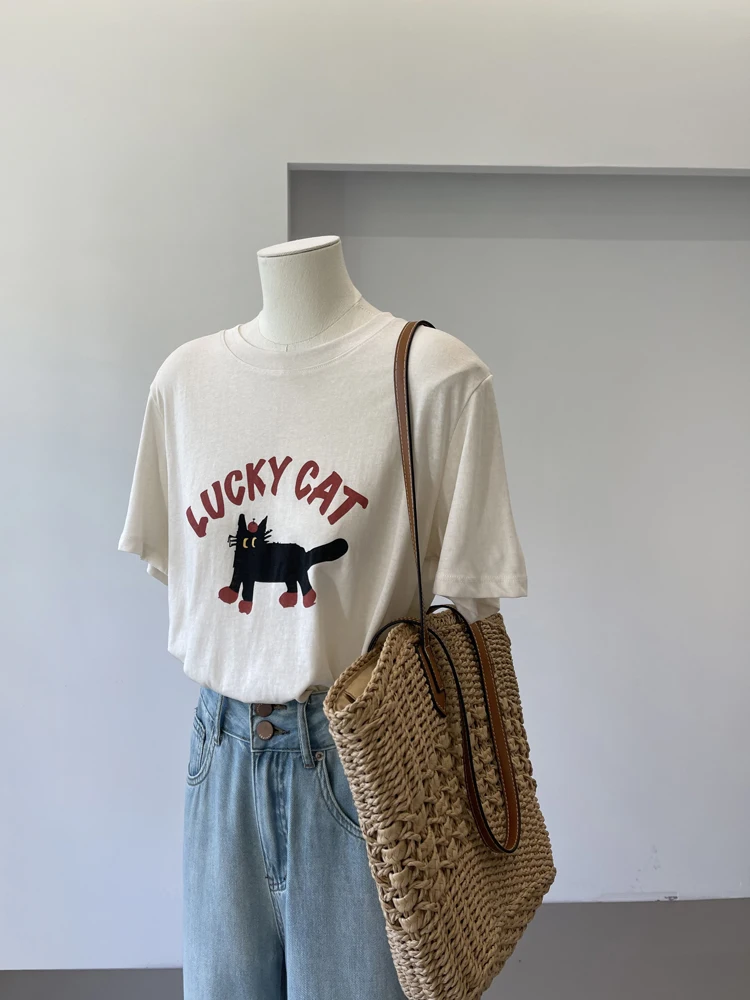 Summer Lucky Cat Cartton Print T-shirt Women Round Neck Cotton Loose Casual Short Sleeve Tops
Summer Lucky Cat Cartton Print T-shirt Women Round Neck Cotton Loose Casual Short Sleeve Tops