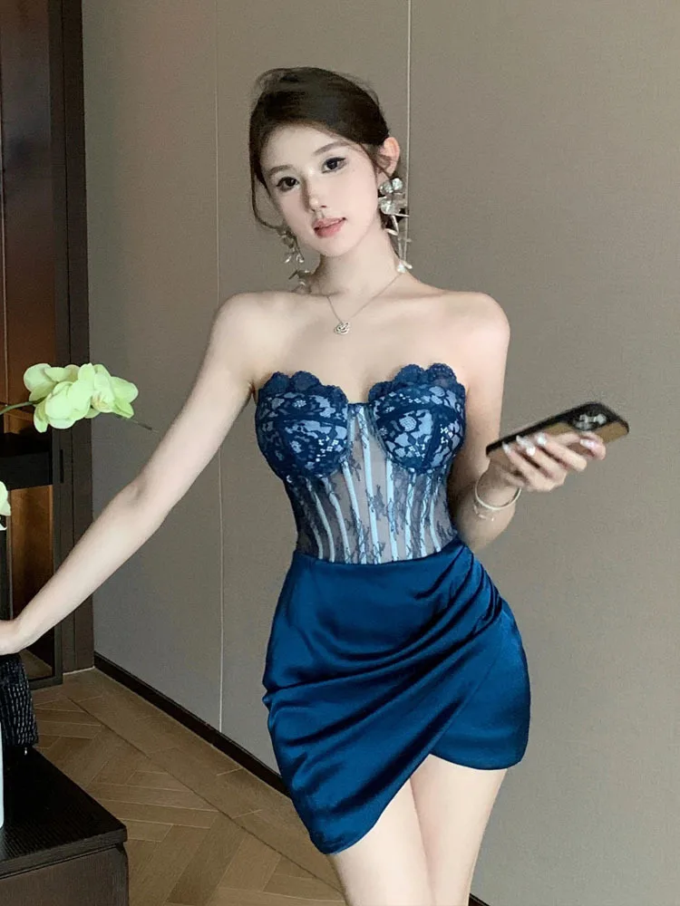 Pure desire temperament sexy lace fishbone strapless satin irregular design dress blue versatile hip hugging skirt
Pure desire temperament sexy lace fishbone strapless satin irregular design dress blue versatile hip hugging skirt