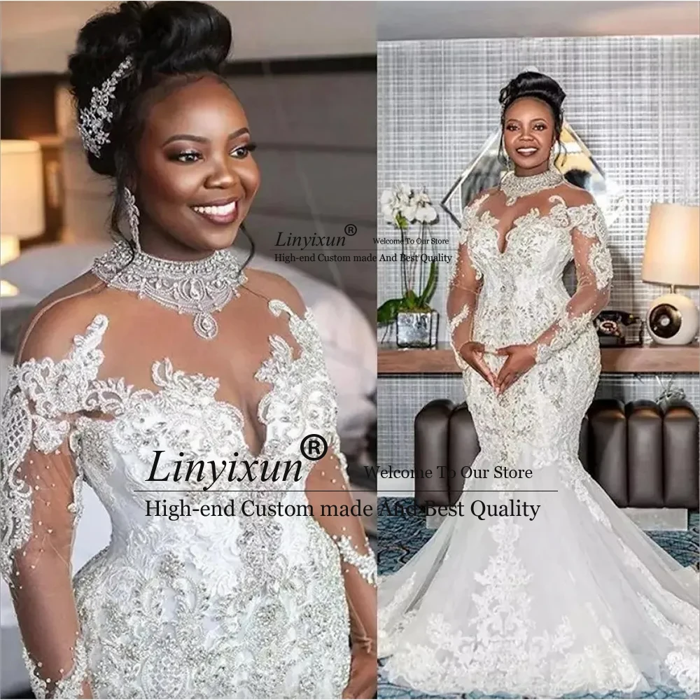 Luxury Crystal Wedding Dresses Applique Lace Mermaid Bridal Gowns Customized Exquisite Long Sleeves Halter robe de mariée
Luxury Crystal Wedding Dresses Applique Lace Mermaid Bridal Gowns Customized Exquisite Long Sleeves Halter robe de mariée